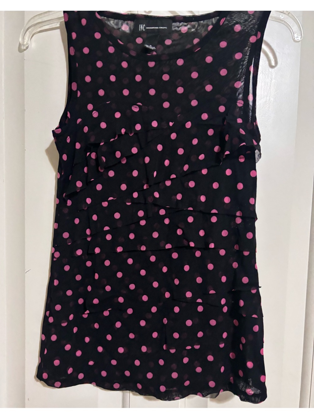 INC International Concepts Black Tank with Pink Polka Dots and Ruffle Front